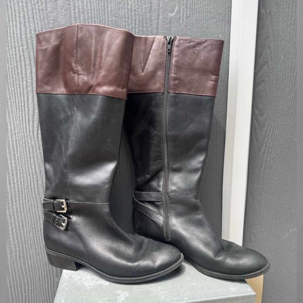 Lauren Ralph Lauren Marba Black Brown Leather Knee High Riding Boots Size 8
